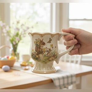 Vintage Cracker Barrel Easter Traditions Bunny Pedestal Mug – Scalloped Edge